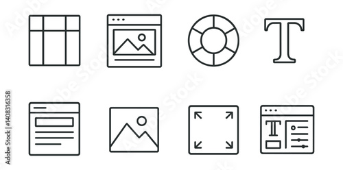Obraz na płótnie Set of icons: grid, image, lifebuoy, text, document, picture, expand, webpage layout. w salonie