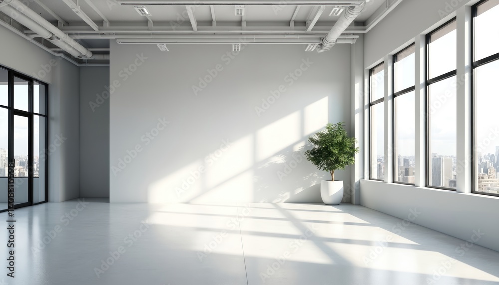 Fototapeta premium Spacious minimalist office interior with white walls, windows with city view. Empty room, concrete floor, large space, modern construction, design style. Concept for marketing or finance.