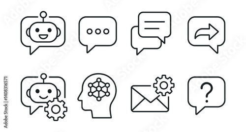 Line vector icons of chatbot features: chatbot bubble, typing dots, conversation script, auto-reply, bot settings, NLP icon, message trigger, FAQ icon.