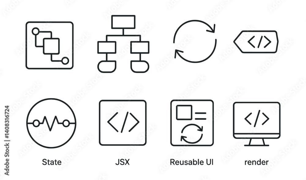 Set of eight icons: diagram, hierarchy, arrows, code, pulse, programming, interface, display. Set of eight icons: diagram, hierarchy, arrows, code, pulse, programming, interface, display.
