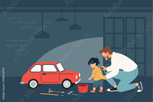 A father patiently repairs a broken toy car in a cluttered garage, his child looks on expectantly.  Warm, loving, father-son moment.