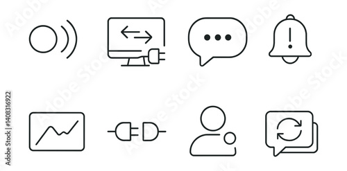 Line vector icons of realtime apps: live icon, WebSocket stream, chat bubble, push alert, realtime chart, socket connection, user status, message sync.