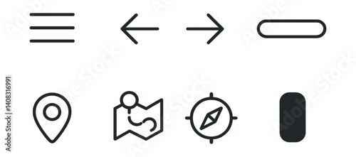 Line vector icons of navigation: hamburger menu, back arrow, forward arrow, navigation bar, location pin, map route, compass, scroll indicator.