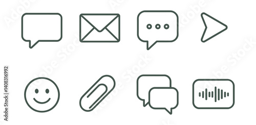 Obraz na płótnie Line vector icons of chat and messages: chat bubble, message icon, typing dots, send button, emoji picker, attachment icon, chat history, voice message. w salonie