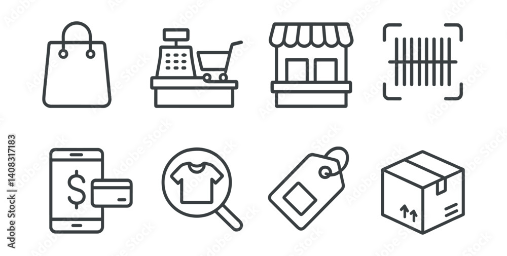 Set of shopping icons: bag, register, store, barcode, smartphone, magnifying glass, tag, box. Set of shopping icons: bag, register, store, barcode, smartphone, magnifying glass, tag, box.