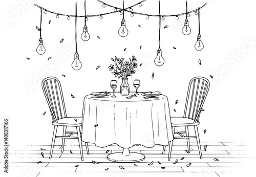 Elegant dining table with chairs and hanging lights illustration.
