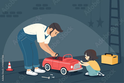 A loving father meticulously repairs a broken toy car in his cluttered garage, a heartwarming scene of paternal care and childhood joy.