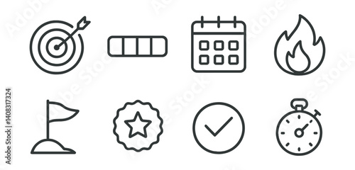 Line vector icons of habits and goals: goal target, progress tracker, habit calendar, streak icon, milestone flag, reward badge, daily check, timer icon.