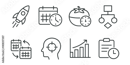 Line vector icons of productivity: rocket launch, time block, Pomodoro timer, workflow chart, calendar sync, focus mode, productivity bar, task timer.