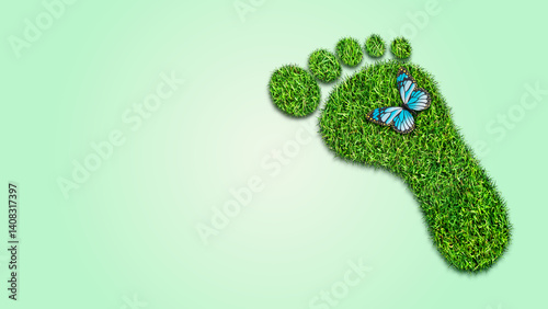 Creative eco, environmental care, earth day concept. Barefoot footprint made of natural green moss and butterfly on blue background