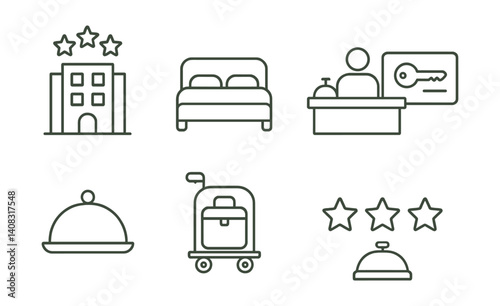 Set of hotel icons: building, bed, reception, tray, luggage cart, three stars.