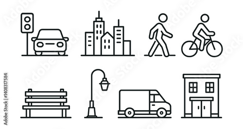 Line vector icons of city life: traffic icon, skyline silhouette, pedestrian walk, bike lane, urban bench, streetlight, delivery van, building front.