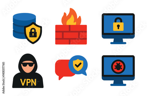 Set of six icons: database security, firewall, computer security, VPN, secure chat, malware alert.