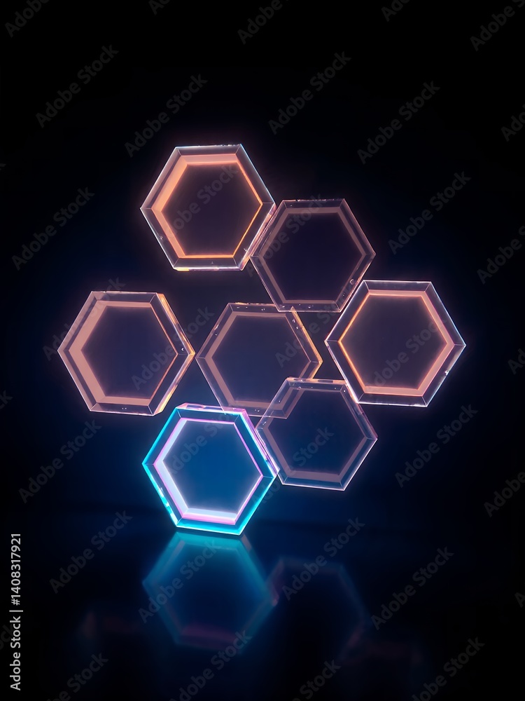 A cluster of seven glowing hexagonal shapes against a dark background with reflections below them A cluster of seven glowing hexagonal shapes against a dark background with reflections below them