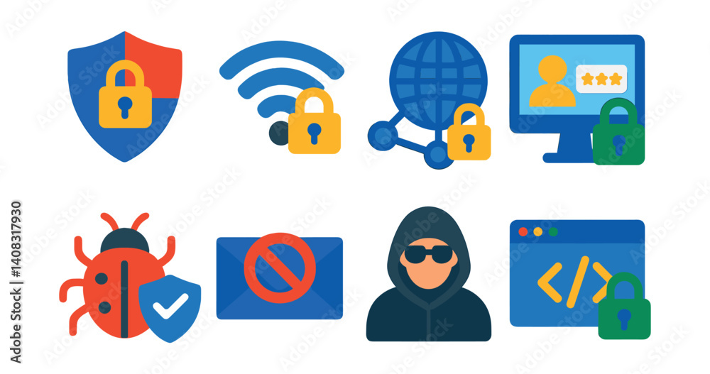 Set of cybersecurity icons: shield lock, wifi lock, network lock, computer lock, bug, no entry, hacker, code lock. Set of cybersecurity icons: shield lock, wifi lock, network lock, computer lock, bug, no entry, hacker, code lock.