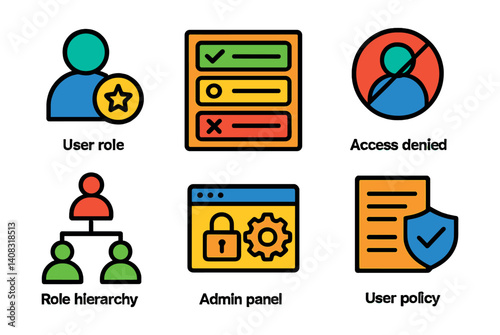 Set of six icons: User role, Access denied, Role hierarchy, Admin panel, User policy.