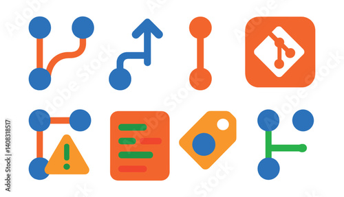 Set of Git icons: branch, merge, commit, pull, warning, code, tag, workflow.