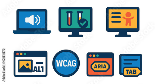 Set of accessibility icons: sound, lab test, presentation, image alt, WCAG, ARIA, TAB.