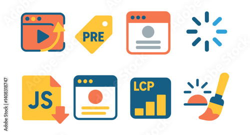 Set of icons: video, tag, web page, loading, JS, LCP, sun, brush.