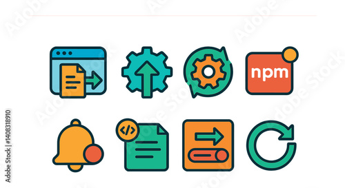 Set of eight colorful icons including document, gear, npm, bell, code, refresh.