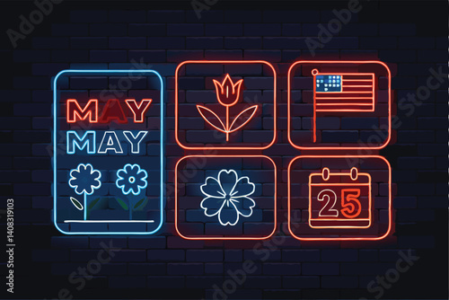 A futuristic digital countdown timer displaying "MAY (1)" with vibrant, glowing icons; sleek, modern design.