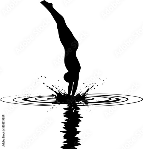 Silhouette of a woman diving with water reflection, ideal for minimalist art designs.

