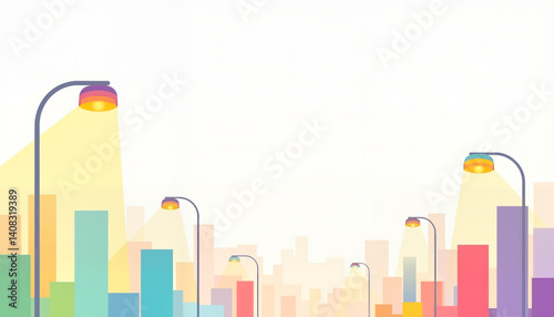 Solar-powered streetlights illuminating a colorful urban landscape  