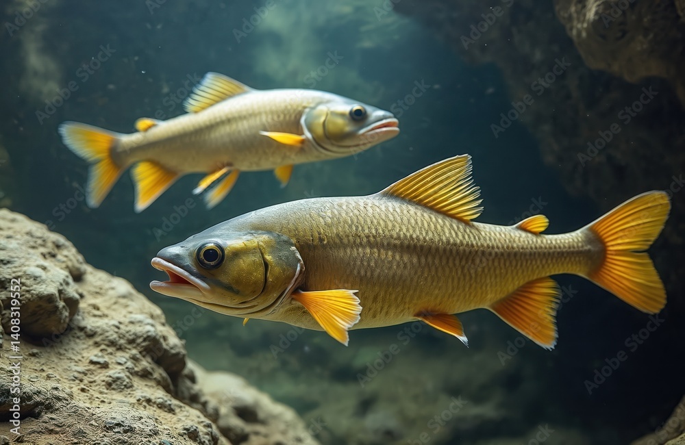 Fototapeta premium Dorado Salminus brasiliensis fish swim in water. Golden color fish underwater. Predator fish. Tropical animal in river, ocean. Water world. Wildlife photography. Aquatic environment.