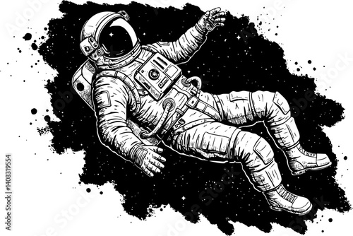 Black and white illustration of an astronaut in a space suit with helmet, floating in space.
