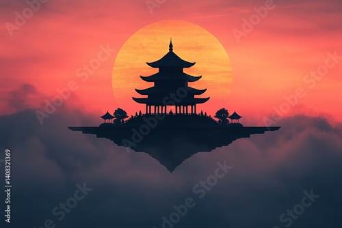 Silhouette of a pagoda against a vibrant sunset.