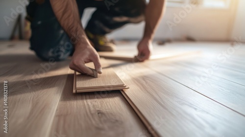 Carpenter installing wooden floorboards in a living room. Featuring attention to detail and craftsmanship