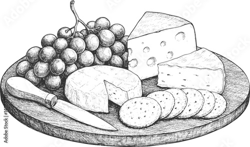 Monochrome illustration of a cheese platter with grapes and crackers.
