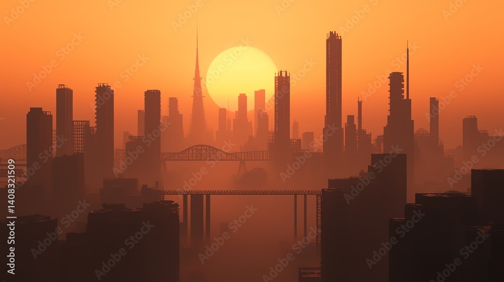 Silhouetted skyline at sunset with orange sky.