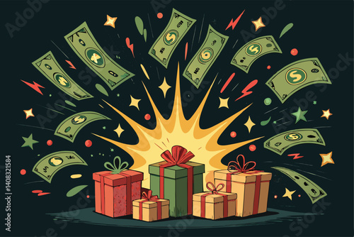 Create a vibrant image of a central explosion radiating outwards, composed of US dollar bills and a single, prominent gold coin.  High detail, dynamic energy.