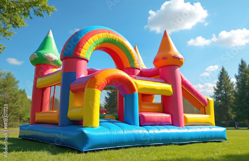 Colorful inflatable bounce house, rainbow roof design. Outdoor fun for kids on summer day in park. Cheerful playground with slide, trampoline, suitable for kids party, holidays, recreation.
