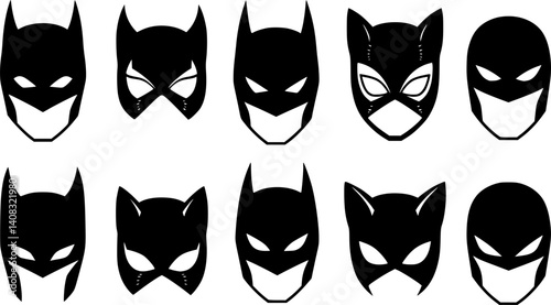 Collection of black superhero masks icons for costume party or masquerade events.
