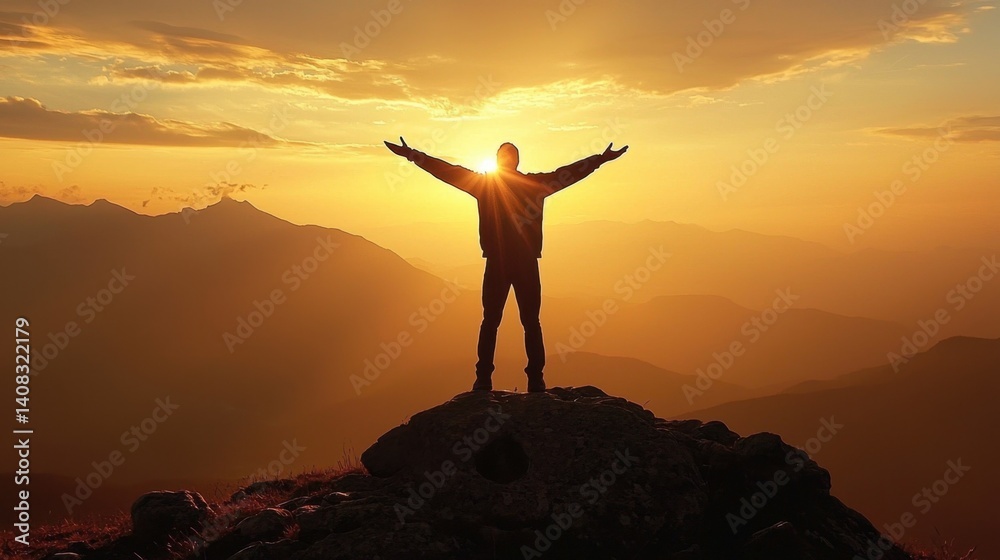 Fototapeta premium Sunset silhouette of a person on a mountain celebrating nature's beauty during golden hour