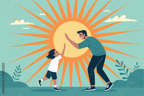 A joyful father and child silhouette, hands raised in a high five, basking in a radiant sunburst.  Warm, loving moment.