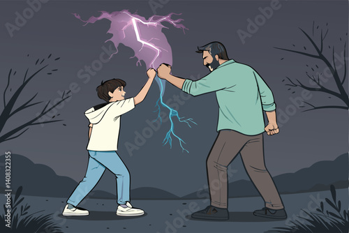 A heartwarming image of a father and his teenage son fist-bumping, with stylized electric sparks emanating from their connected fists, symbolizing their strong bond.