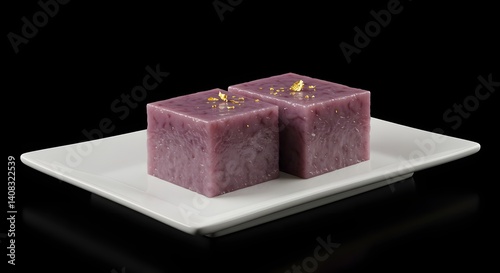 A taro yokan with a slight purple hue, placed on a white rectangular plate. The yokan is cut into a perfect cube.
