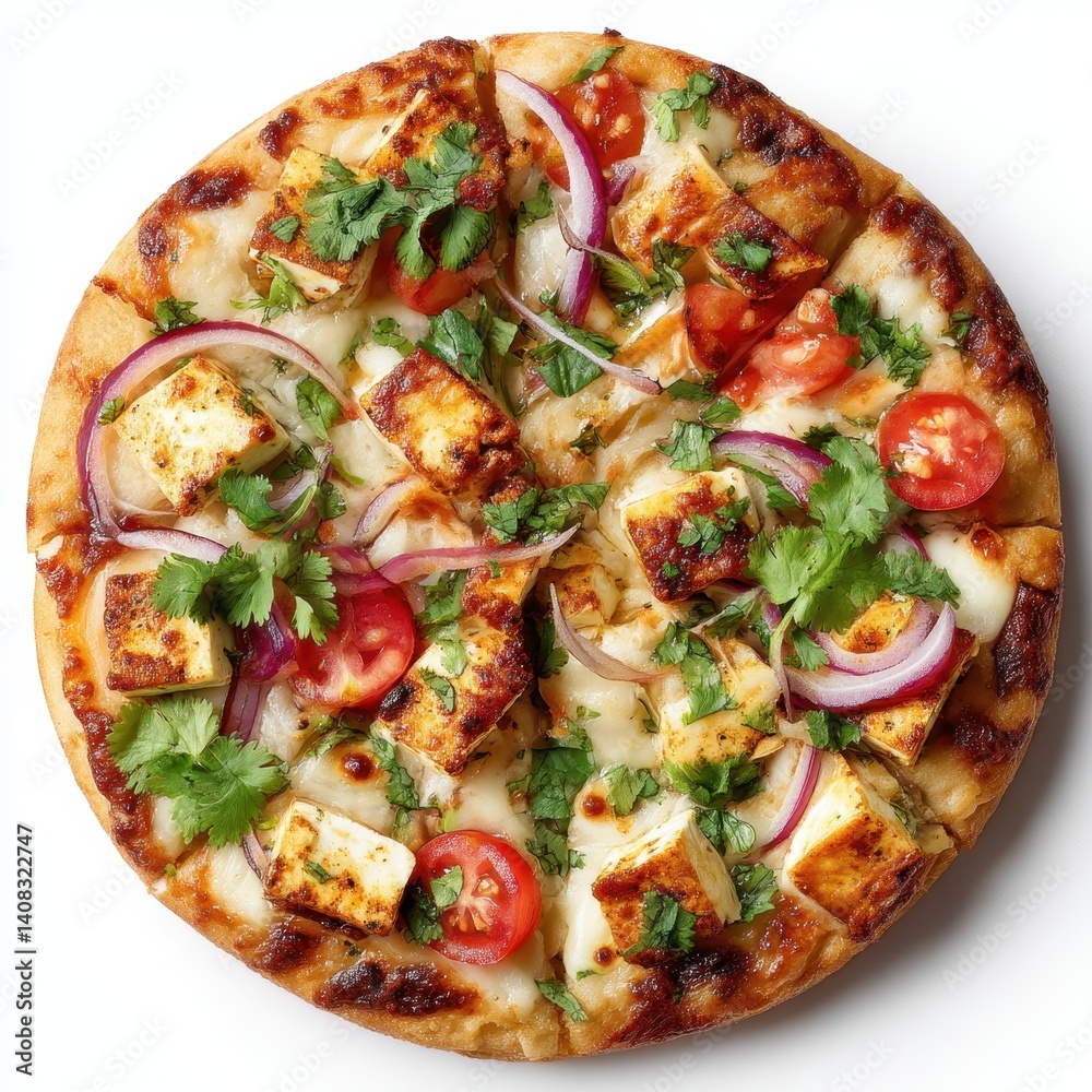 Paneer pizza with herbs and vegetables on a white background. Paneer pizza with herbs and vegetables on a white background.