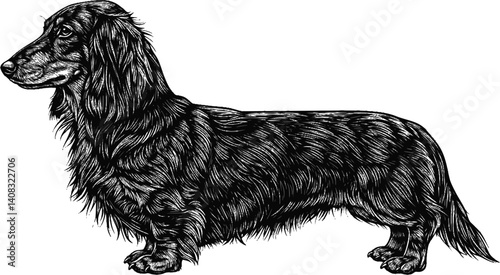 Silhouette of a long-haired dachshund dog in profile, showcasing its distinctive outline.
