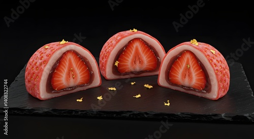 A trio of strawberry mochi arranged artistically on a sleek black slate, each piece showcasing a slightly different shape to highlight their handmade nature. The outer layer is translucent, revealing.
