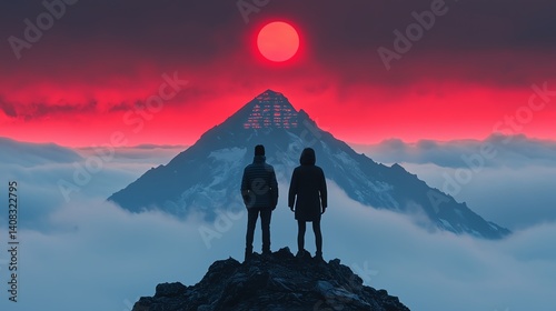 Two hikers admire a vibrant sunset over mountains.