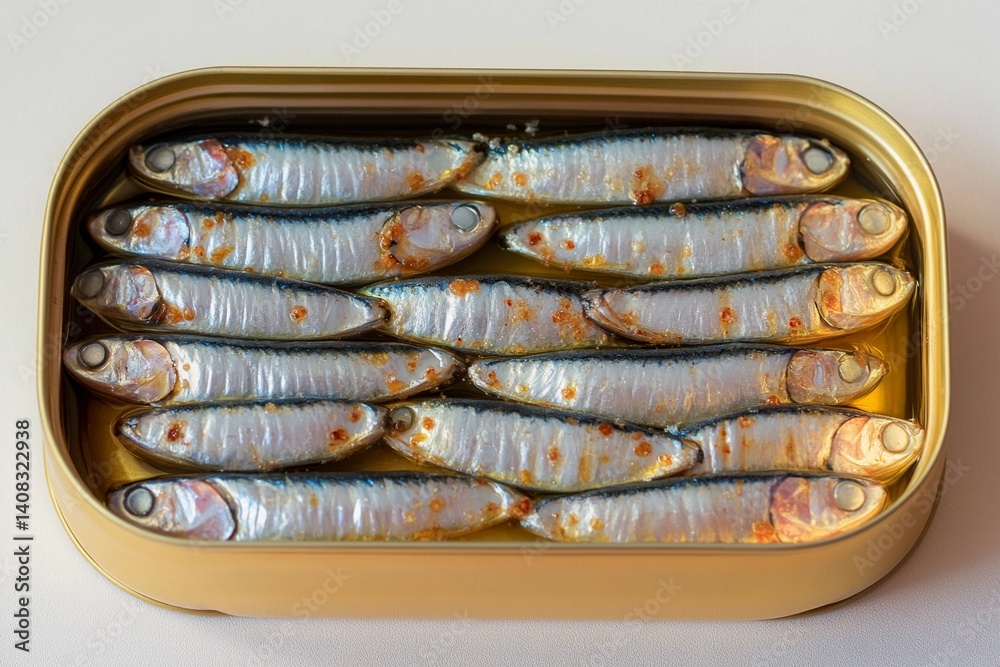 Delicious sardines are arranged neatly in a gold tin, showcasing their shiny silver skin and appetizing appearance. The seasoning adds a gourmet finish, perfect for culinary enthusiasts Delicious sardines are arranged neatly in a gold tin, showcasing their shiny silver skin and appetizing appearance. The seasoning adds a gourmet finish, perfect for culinary enthusiasts