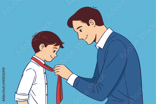 A father patiently teaches his young son how to tie a necktie, close-up shot emphasizing their interaction.  Warm, loving atmosphere.