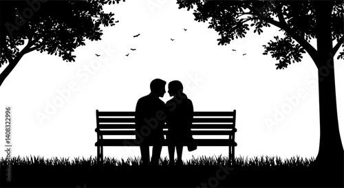 Silhouette of a couple kissing on a park bench for romantic design themes.
