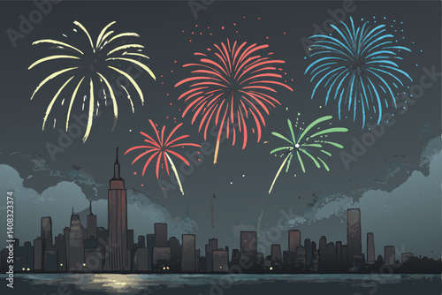 Vibrant fireworks explode over a glittering cityscape at night, creating a breathtaking nocturnal background.