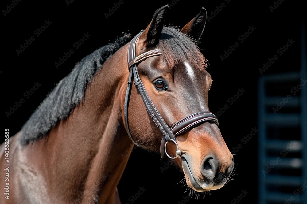 Fototapeta premium A strong, elegant horse poses in a stable, sunlight highlighting its shiny coat and detailed bridle. The surroundings suggest a tranquil and nurturing equestrian environment