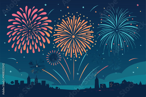 Vivid, abstract summer fireworks burst; vibrant color explosion; dynamic, energetic design; playful, joyful aesthetic.